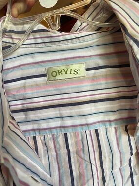 Orvis Pastel and Navy Striped Button-Down Shirt 3/4 sleeve